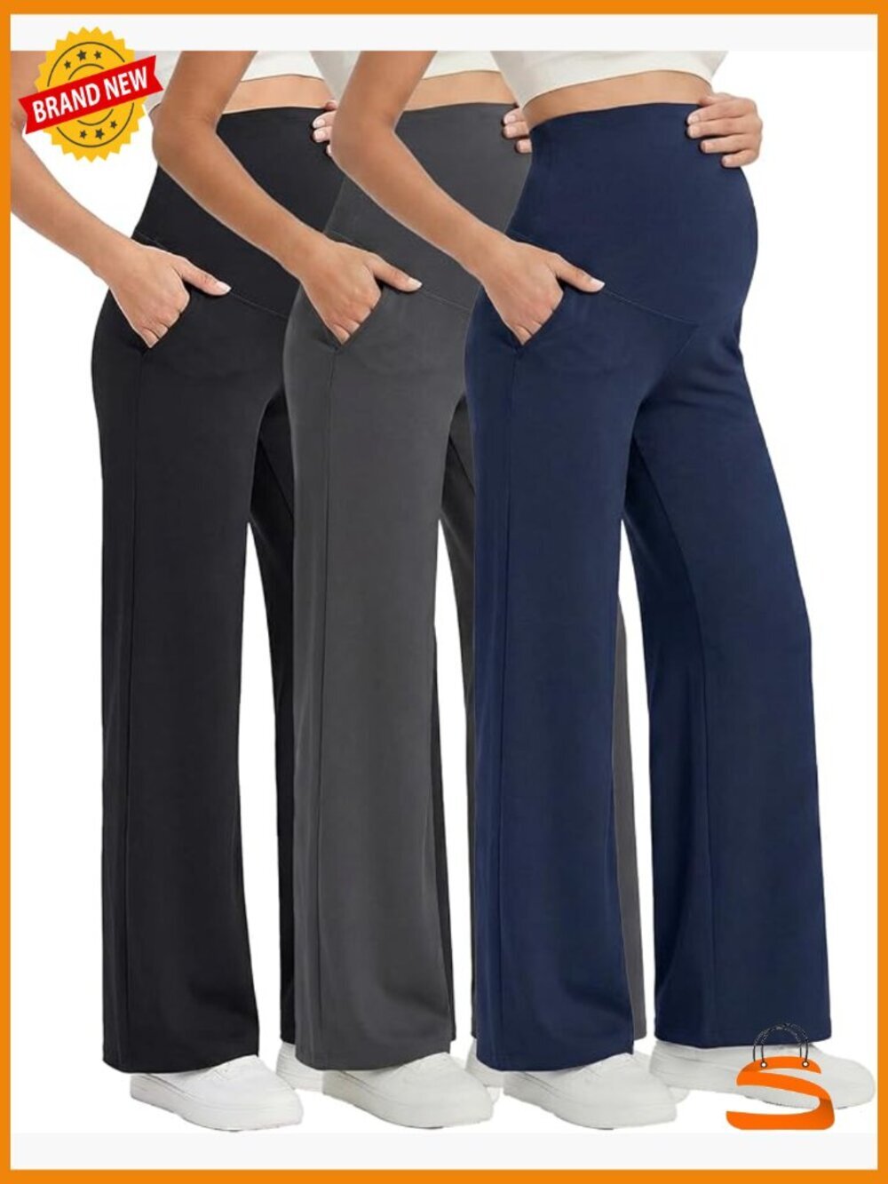 Maternity Work Pants Over Belly Stretch Wide Leg Yoga Pants with Pocket